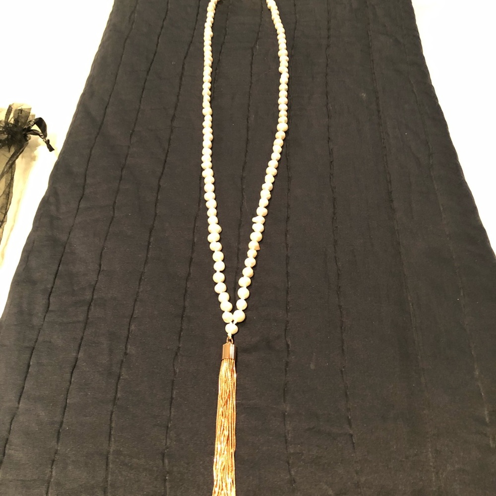 Faux Pearl rose tone tassel necklace